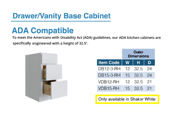 ADA COMPATIBLE CABINETS (SHAKER WHITE)